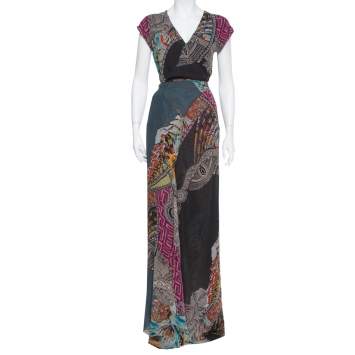 Pre Owned Etro Multicolor Silk Chiffon Wrap Detail Flared Maxi Dress M