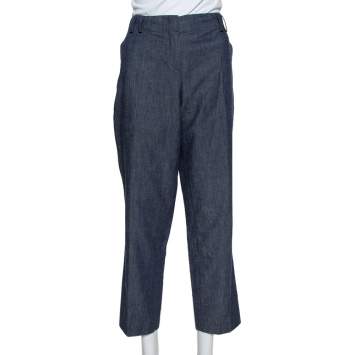 Pre Owned Etro Blue Linen Straight Leg Trousers L