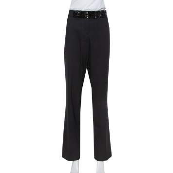 Pre Owned Etro Black Wool Embellished Waist Detail Trousers L