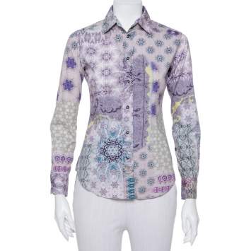 Pre Owned Etro Purple Printed Cotton Button Front Fitted Shirt S