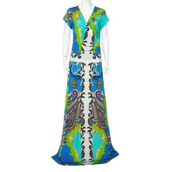 Pre Owned Etro Multicolor Jersey Draped Faux Wrap Maxi Dress L