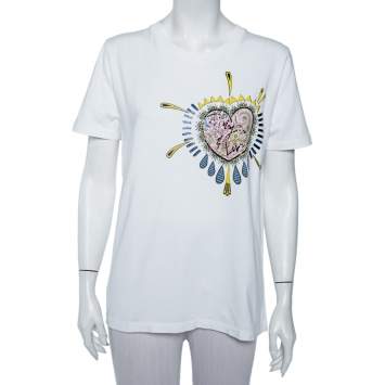 مملوكة مسبقًا Etro White Paisley & Love Printed Cotton Crewneck T-Shirt L