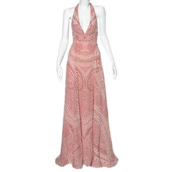 Pre Owned Etro Red & White Printed Silk Halter Neck Flared Maxi Dress S