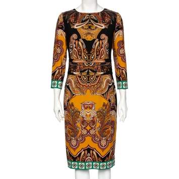 Pre Owned Etro Multicolor Paisley Printed Wool Pleated Waist Detail Sheath Dress M