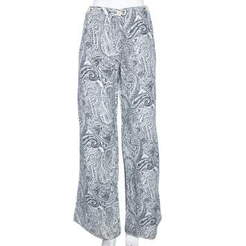 Pre Owned Etro Blue Paisley Printed Cotton & Silk Wide Leg Pants M