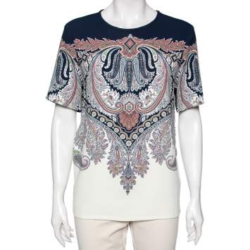 Pre Owned Etro Navy Blue Paisley Printed Crepe Top M