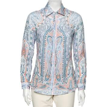 Pre Owned Etro Blue Paisley Printed Ramie Button Front Shirt S