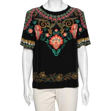 Pre Owned Etro Black Floral Printed Silk Short Sleeve Top M