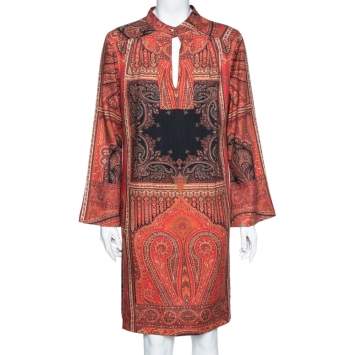Pre Owned Etro Red Printed Paisley Printed Wool Tunic Dress M
