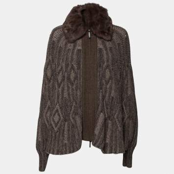 Pre Owned Etro Brown Intarsia Knit Wool & Squirrel Fur Trimmed Zip Front Cardigan M 