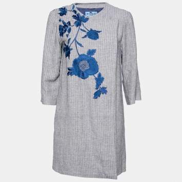 Pre Owned Etro Blue Patterned Linen Floral Embroidered Open Front Coat M