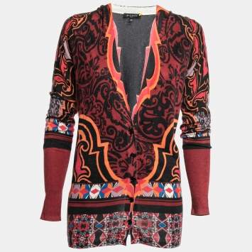Pre Owned Etro Multicolor Printed Silk & Cashmere Knit Button Front Cardigan L