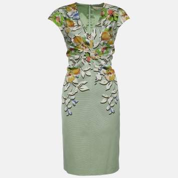Pre Owned Etro Green Stretch Knit Floral Print Sheath Dress L