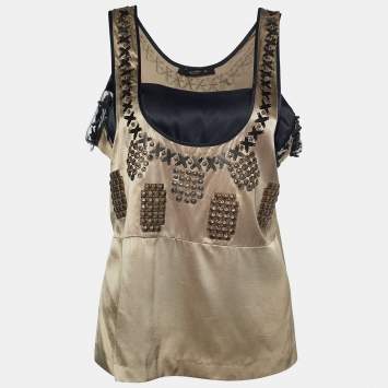 Pre Owned Etro Beige Satin Embellished Sleeveless Top M