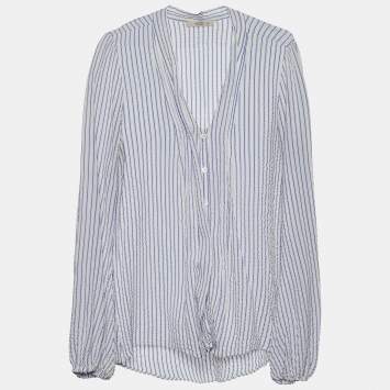 Pre Owned Etro White & Blue Striped Silk Seersucker Blouse L