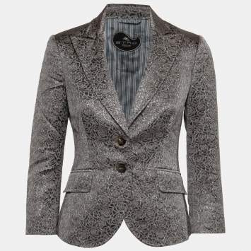 Pre Owned Etro Grey Rose Textured Lurex Jacquard Single-Breasted Jacket M