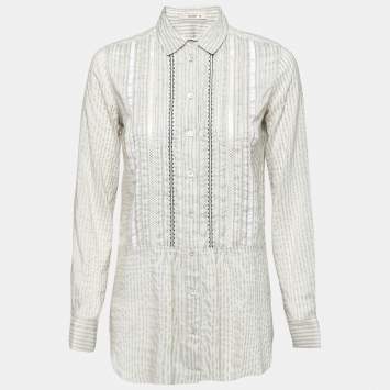 Pre Owned Etro Grey Cotton & Lace Trimmed Long Sleeve Button Front Blouse S