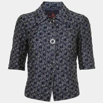 Pre Owned Etro Dark Blue Patterned Jacquard Cropped Jacket M