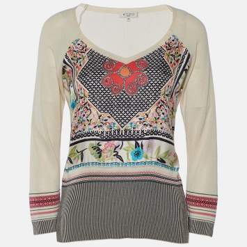 Pre Owned Etro Cream Printed Cotton Knit & Silk Paneled Sweater M