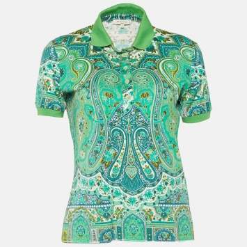 Pre Owned Etro Green Paisley Print Short Sleeve Polo T-Shirt M