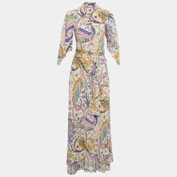 Pre Owned Etro Multicolor Floral Printed Silk Belted Maxi Dress M