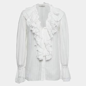 Pre Owned Etro White Stripe Patterned Cotton Ruffled Blouse M