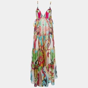 Pre Owned Etro Multicolor Printed Silk Sheer Tie Detail Maxi Dress S