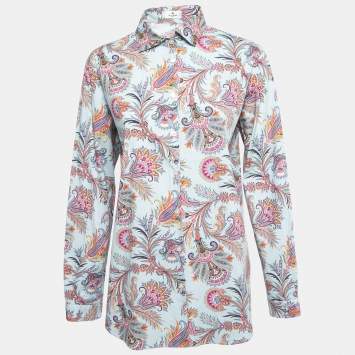 Pre Owned Etro Blue Printed Cotton Full Sleeve Shirt L