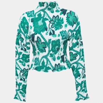 Pre Owned Etro Green Floral Print Stretch Synthetic Long Sleeve Turtle Neck Top M
