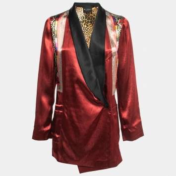 Pre Owned Etro Red Printed Satin Contrast Paneled Double Breasted Blazer S