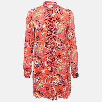 Pre Owned Etro Multicolor Printed Silk Ruffled Button Front Shirt Blouse M