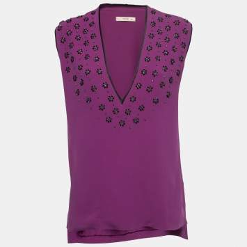 Pre Owned Etro Purple Crepe Beads Embellished V-Neck Sleeveless Blouse M