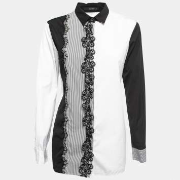 Pre Owned Etro White/Black Dotted Cotton Floral Lace Trimmed Button Front Full Sleeve Shirt L
