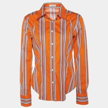 Pre Owned Etro Orange Printed Cotton Button Front Shirt L