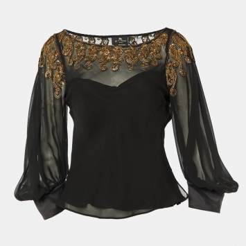 Pre Owned Etro Black Embellished Silk Long Sleeve Blouse M
