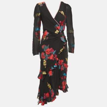 Pre Owned Etro Black Floral Jacquard Silk Blend Draped Midi Dress M