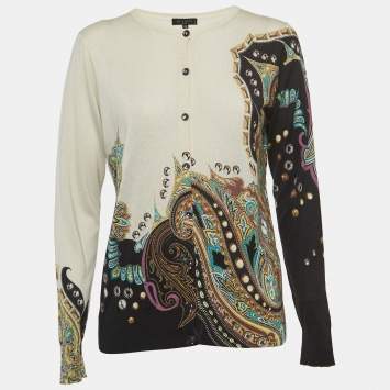 Pre Owned Etro Multicolor Print Silk and Cashmere Buttoned Cardigan M