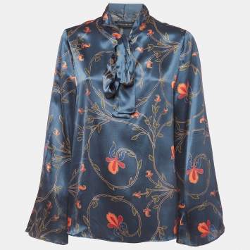 Pre Owned Etro Blue Floral Print Silk Satin Neck Tie Blouse L