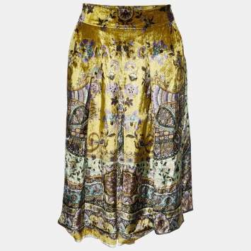Pre Owned Etro Mustard Yellow Floral Print Velvet Pleated Skirt M