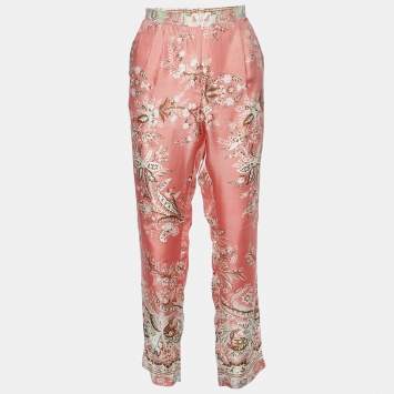 Pre Owned Etro Peach Paisley Floral Print Silk Tapered Trousers M