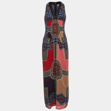 Pre Owned Etro Multicolor Print Silk Shirred Detail Sleeveless Maxi Dress M