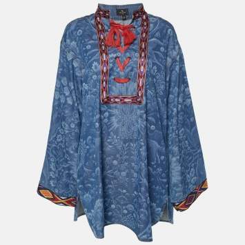 Pre Owned Etro Blue Orion Print Denim Lace-Up Tunic M