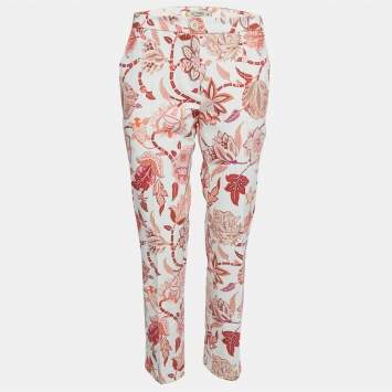 Pre Owned Etro Red Floral Printed Cotton Buttoned Trousers L