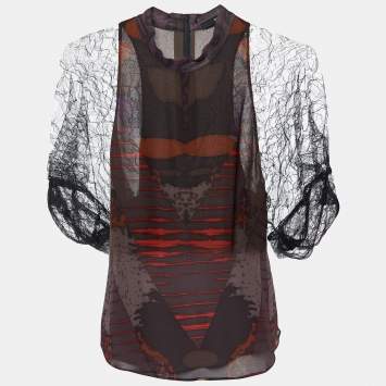 Pre Owned Etro Black Printed Silk & Lace Mock Neck Blouse S