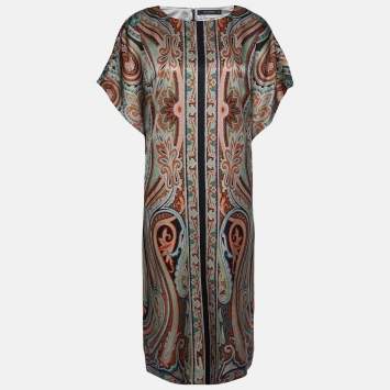 Pre Owned Etro Multicolor Printed Satin Midi Dress M  