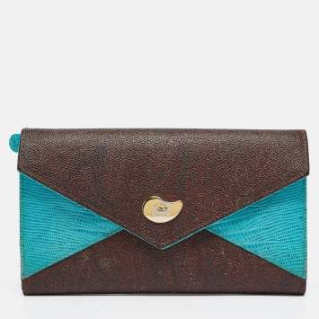 Pre Owned Etro Brown/Blue Paisley Coated Canvas and Lizard Embossed Leather Trifold Continental Wallet