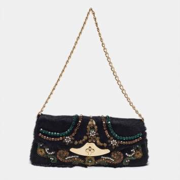 Pre Owned Etro Black Calfhair Crystal Embellished Turnlock Clutch