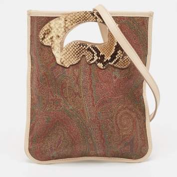Pre Owned Etro Brown Paisley Print Coated Canvas, Python Embossed and Leather Slim Crossbody Bag