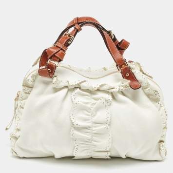 Pre Owned Etro White/Brown Leather Ruffle Zip Satchel
