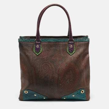 Pre Owned Etro Multicolor Paisley Print Coated Canvas and Croc Embossed Leather Tote